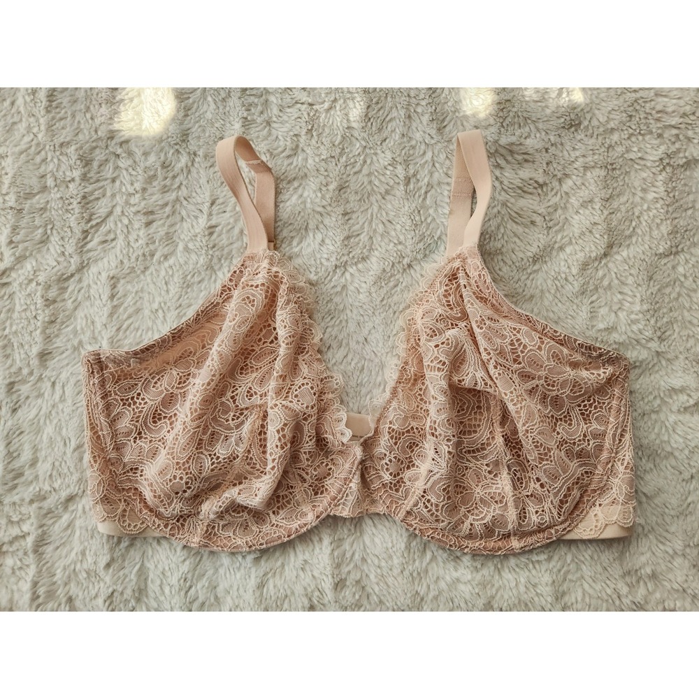 Soma Unlined Plunge Lace Bra Underwire 38G Nude Tan Floral Sheer Mesh